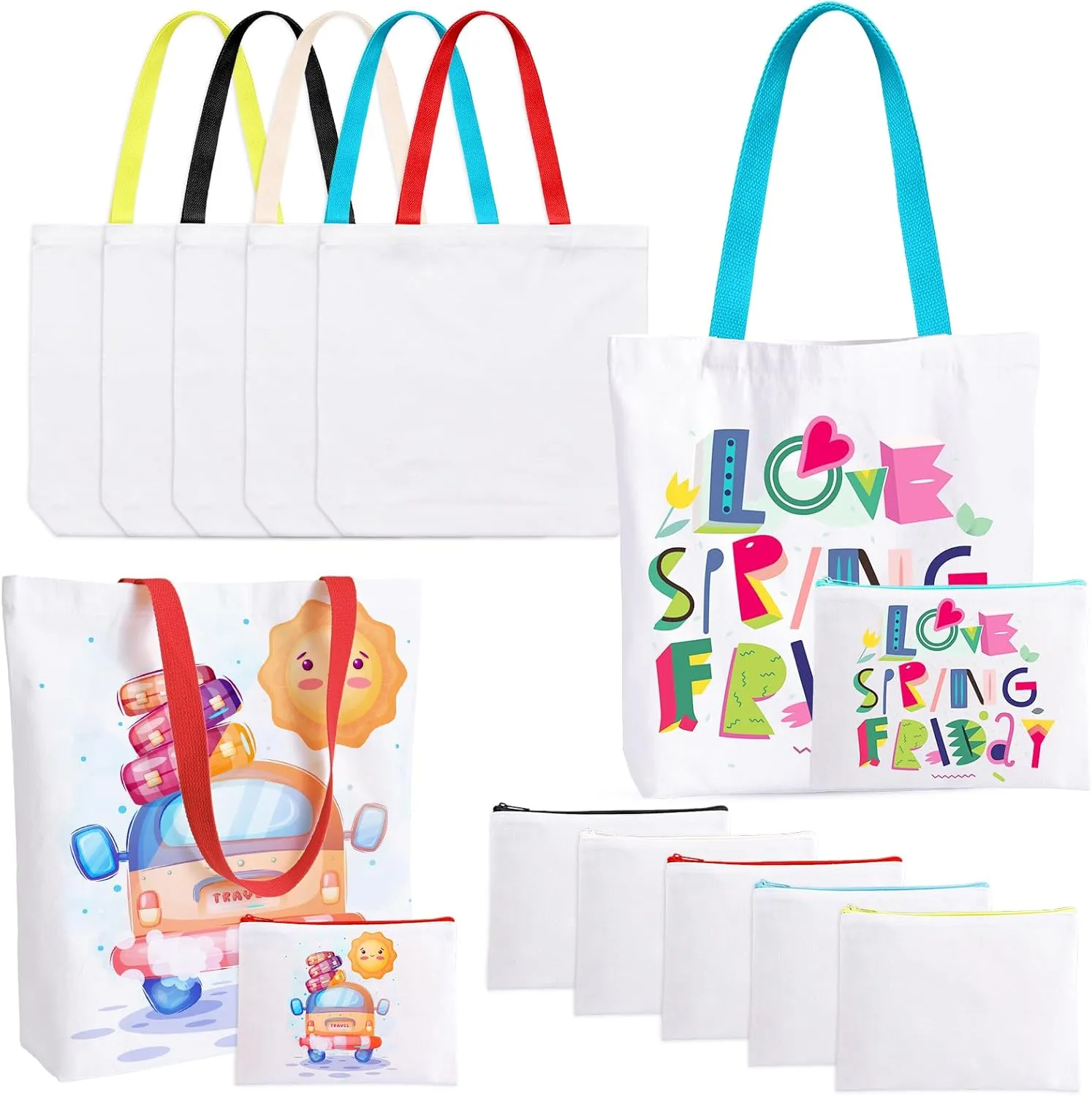 10 Pack Sublimation Tote Bags Bulk, Sublimation Blanks Canvas Tote Bags Cosmetic Makeup Bags, Reusable Colorful Widen Grocery Canvas Shopping Bags For DIY, Halloween, Easter Day Craft Gift