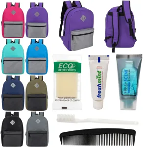 12 Diamond Patch 17" Backpacks in Multi Colors & Your Choice of 12 Bulk Hygiene Kits - Wholesale Care Package: Homeless, Emergency, Charity