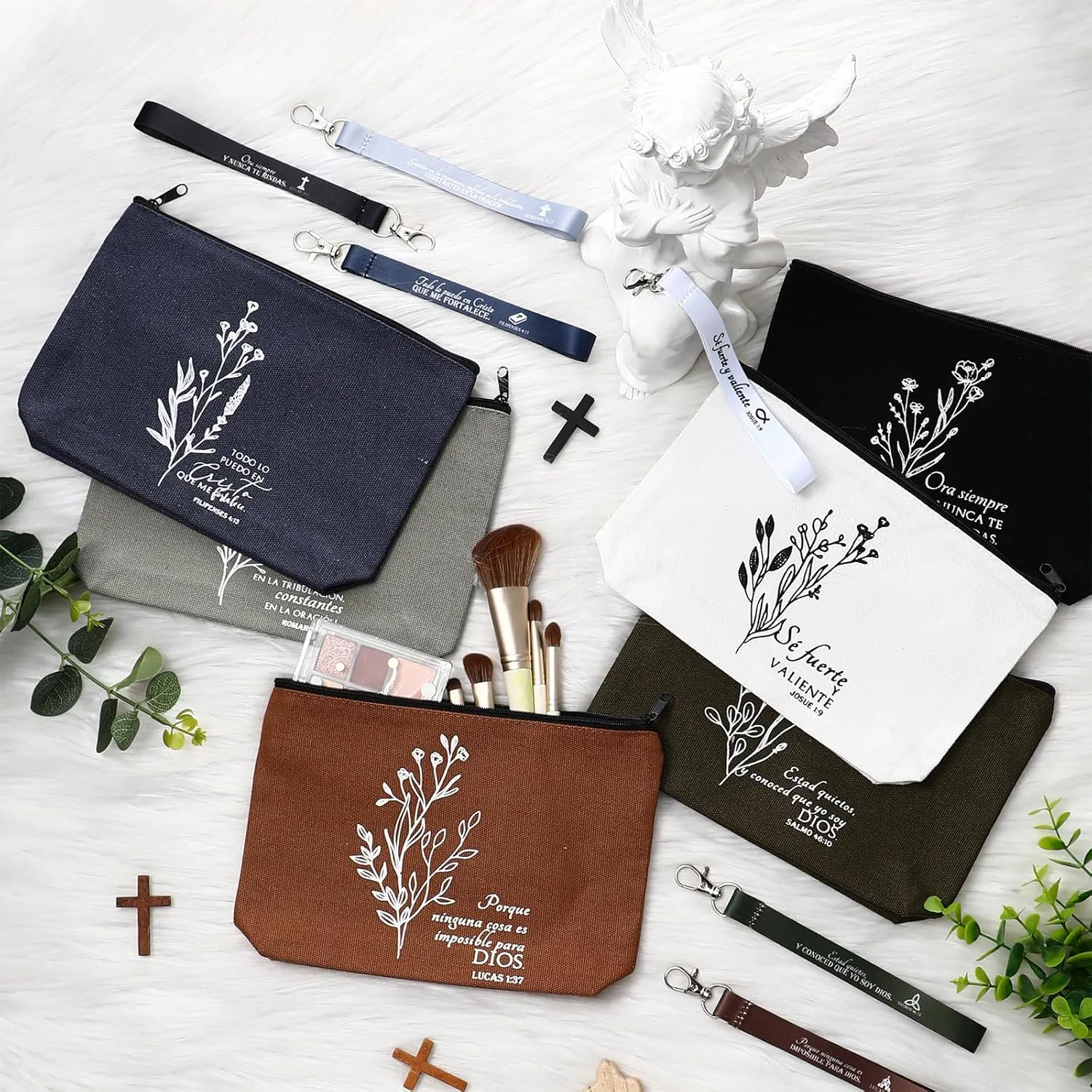 12 Pcs Fathers Day Christian Gift Bulk Religious Makeup Bag Bible Verse Lanyard Keychain for Women Men Church Nurse(Neutral Colors,Spanish Boho)