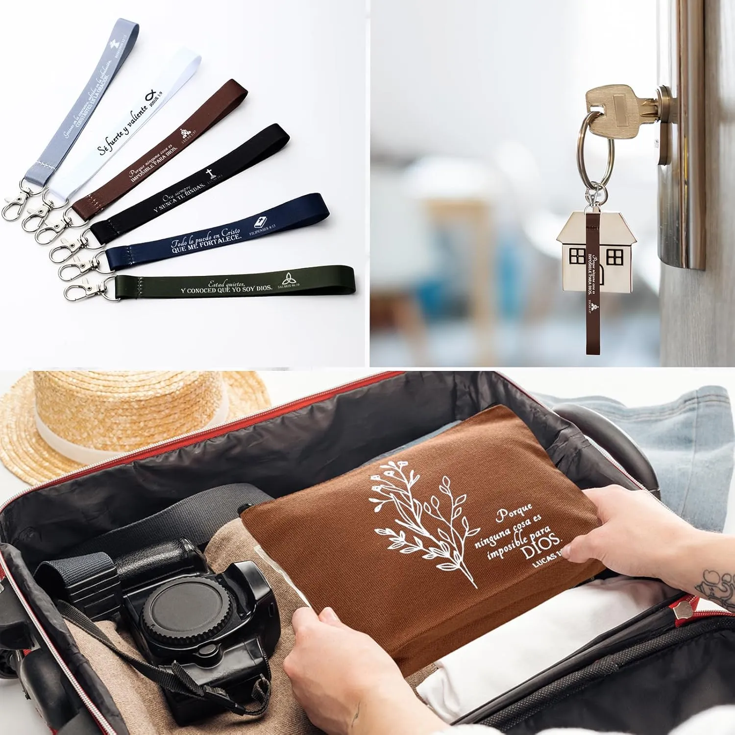 12 Pcs Fathers Day Christian Gift Bulk Religious Makeup Bag Bible Verse Lanyard Keychain for Women Men Church Nurse(Neutral Colors,Spanish Boho)