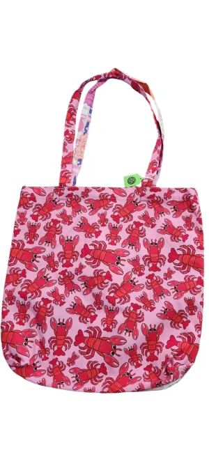 2 print tote with lobsters and a floral check