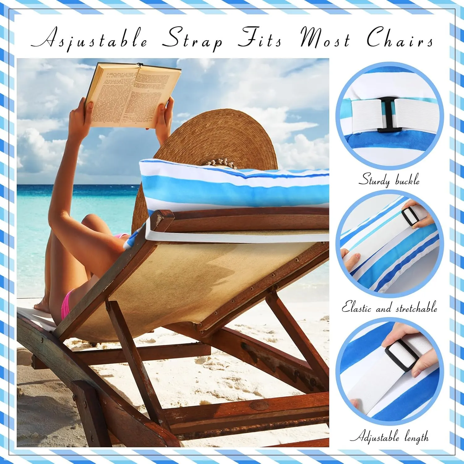 24"x15" Inflatable Beach Pillow with Removable Cover, Beach Chair Backpacking Pillow with Strap Stripe for Summer Sand Pools Travel Vacations(Blue White)