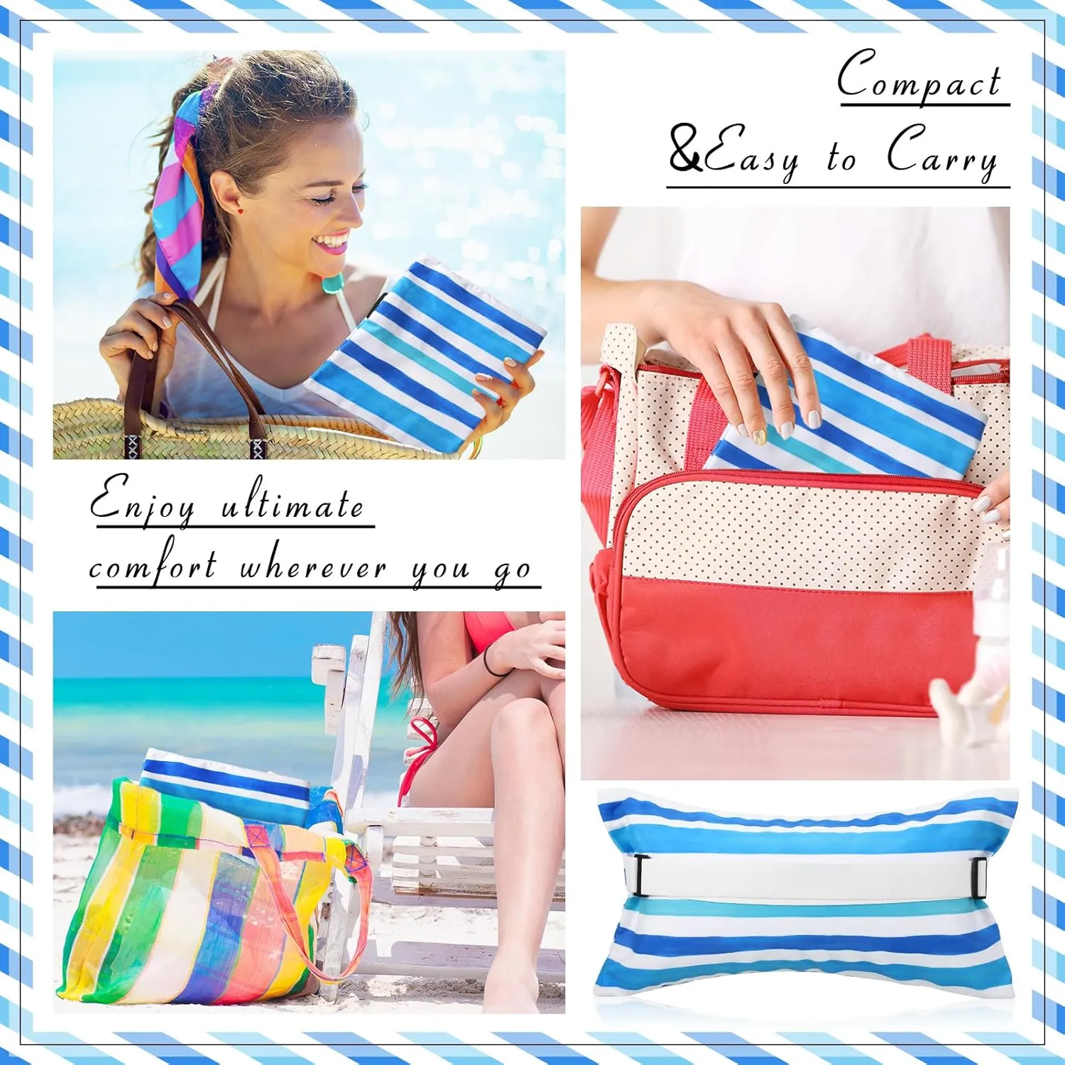 24"x15" Inflatable Beach Pillow with Removable Cover, Beach Chair Backpacking Pillow with Strap Stripe for Summer Sand Pools Travel Vacations(Blue White)