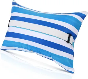 24"x15" Inflatable Beach Pillow with Removable Cover, Beach Chair Backpacking Pillow with Strap Stripe for Summer Sand Pools Travel Vacations(Blue White)