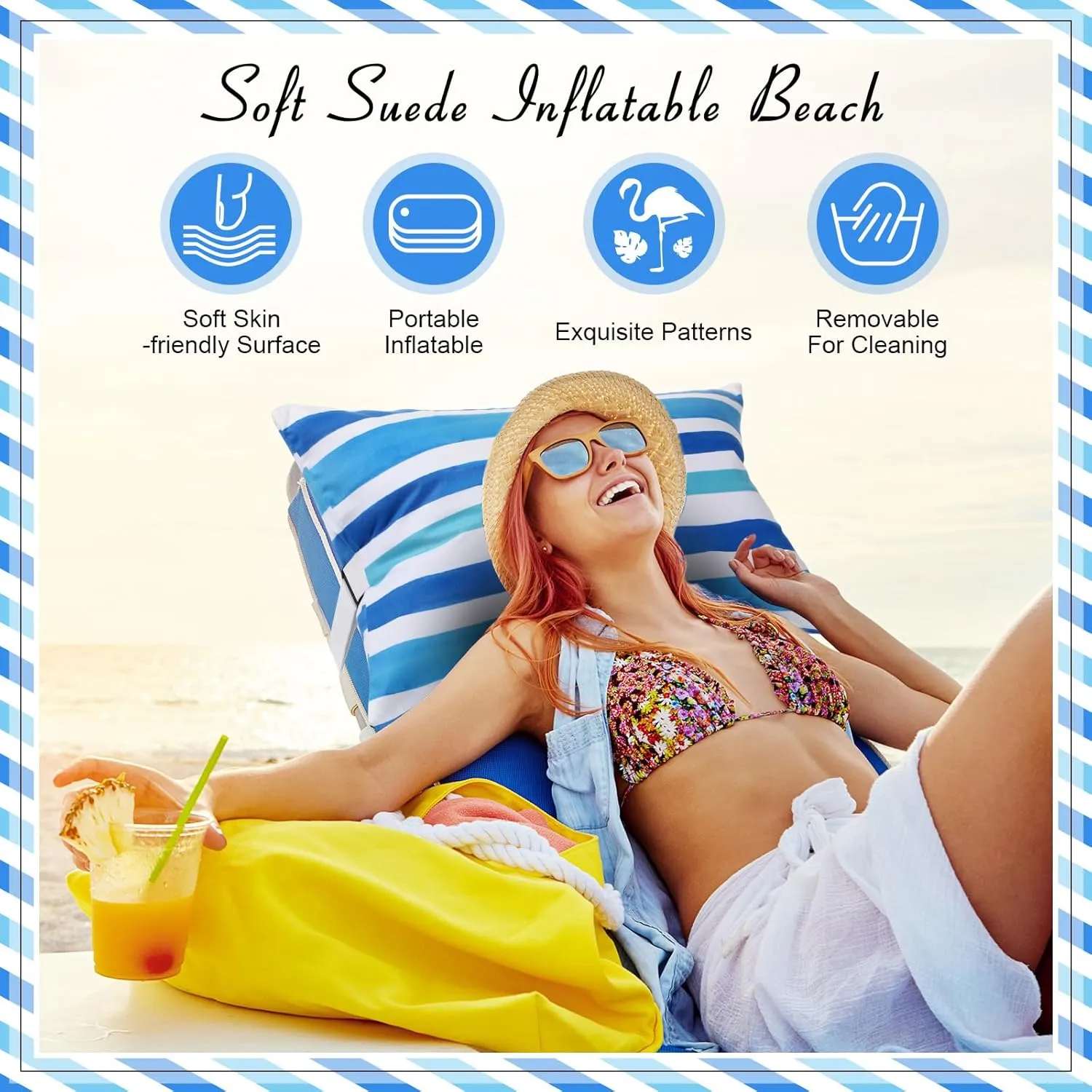 24"x15" Inflatable Beach Pillow with Removable Cover, Beach Chair Backpacking Pillow with Strap Stripe for Summer Sand Pools Travel Vacations(Blue White)