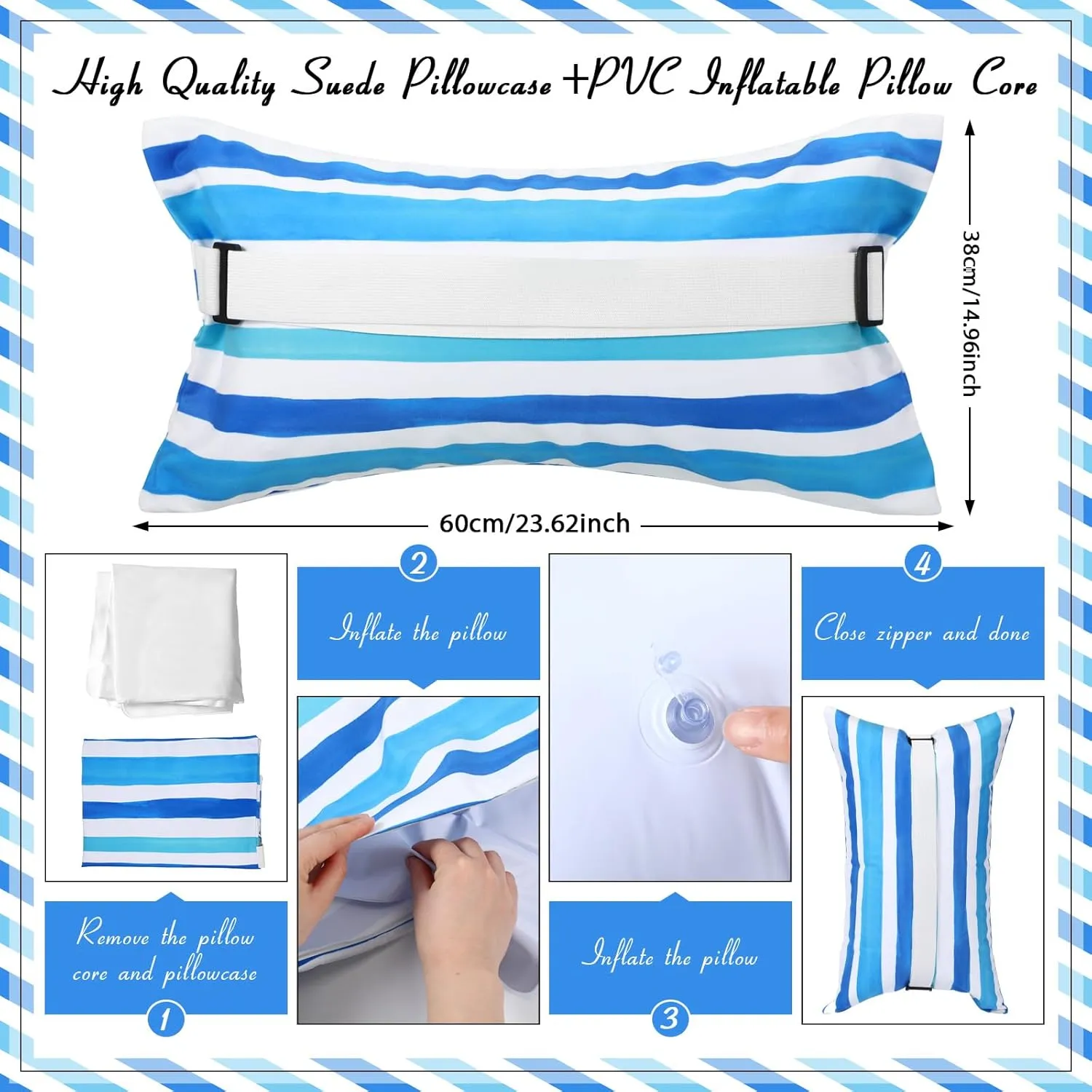24"x15" Inflatable Beach Pillow with Removable Cover, Beach Chair Backpacking Pillow with Strap Stripe for Summer Sand Pools Travel Vacations(Blue White)