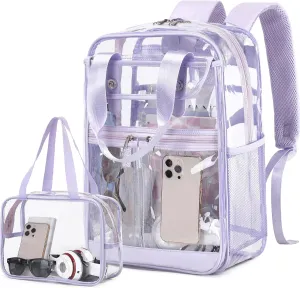 2PCS Clear Backpack for Women Girls, Heavy Duty Clear Backpack with Clear Tote Bag for Stadium Events, See Through Backpack, Large Transparent Backpack Clear Bookbag for Concert Work Travel