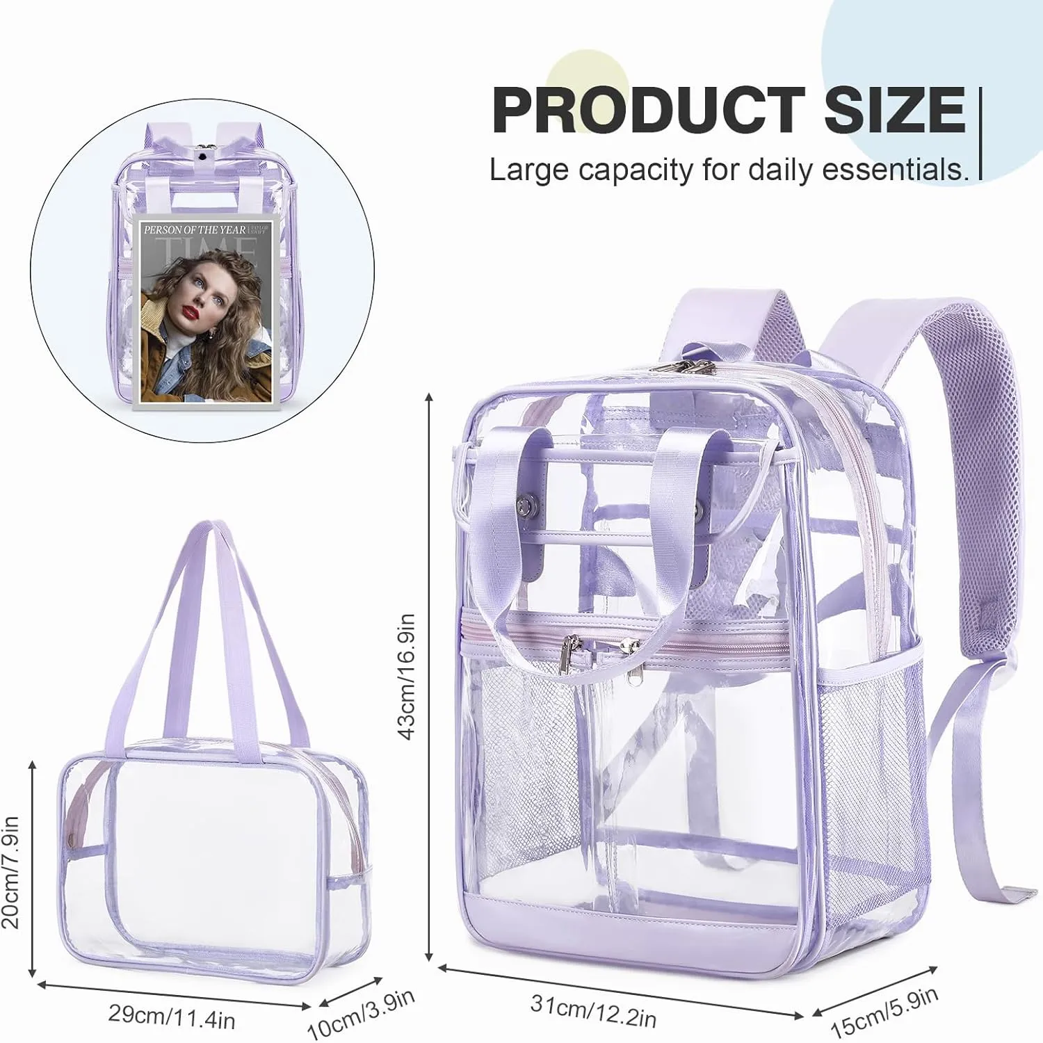 2PCS Clear Backpack for Women Girls, Heavy Duty Clear Backpack with Clear Tote Bag for Stadium Events, See Through Backpack, Large Transparent Backpack Clear Bookbag for Concert Work Travel