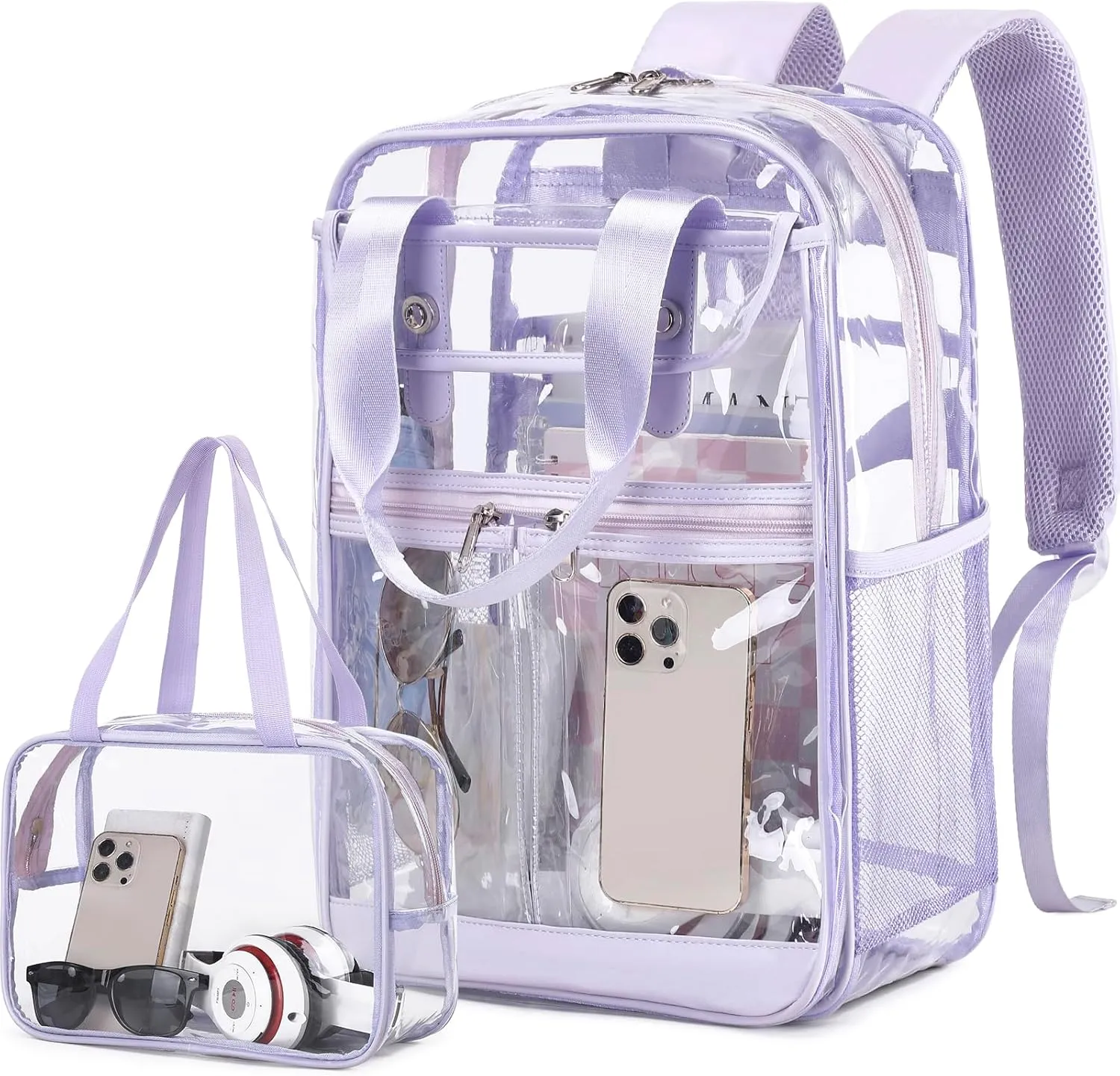 2PCS Clear Backpack for Women Girls, Heavy Duty Clear Backpack with Clear Tote Bag for Stadium Events, See Through Backpack, Large Transparent Backpack Clear Bookbag for Concert Work Travel