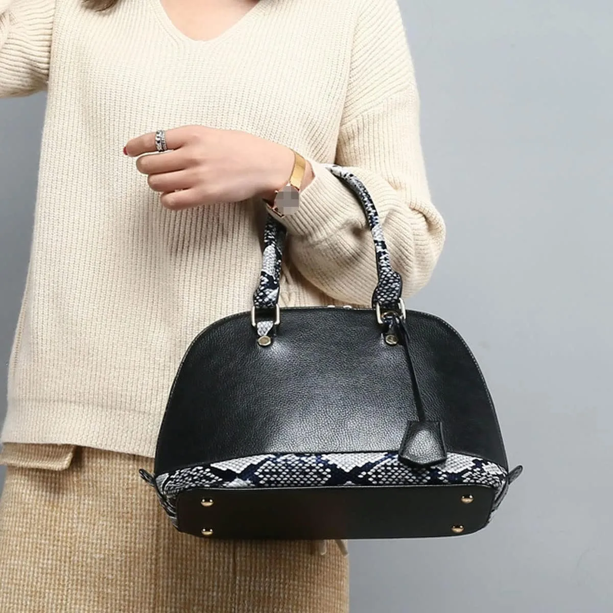 2Pcs Women Shell Handbag Serpentine Shoulder Bag PU Leather Purse Fashion Top-Handle Satchel Zipper Crossbody Tote