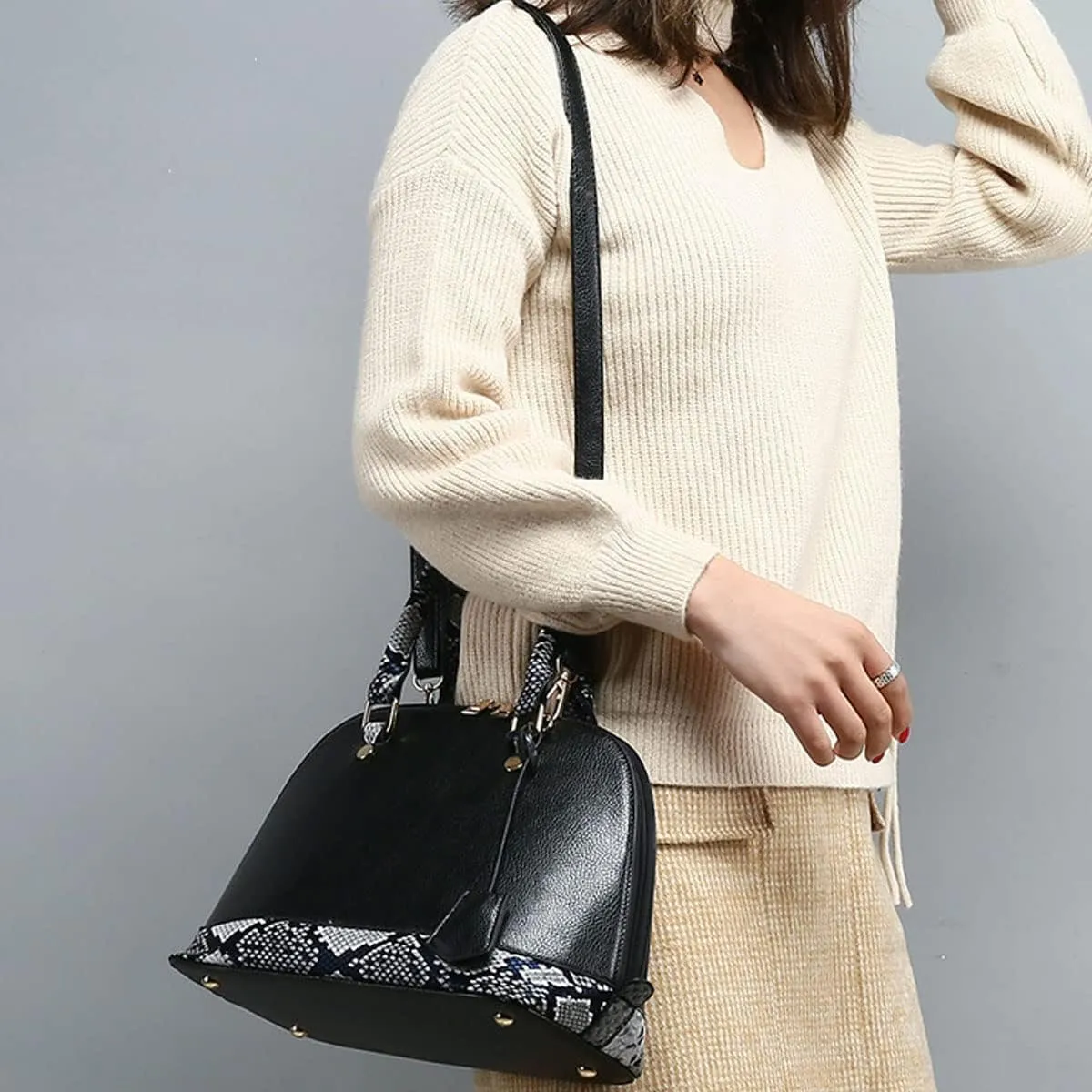 2Pcs Women Shell Handbag Serpentine Shoulder Bag PU Leather Purse Fashion Top-Handle Satchel Zipper Crossbody Tote