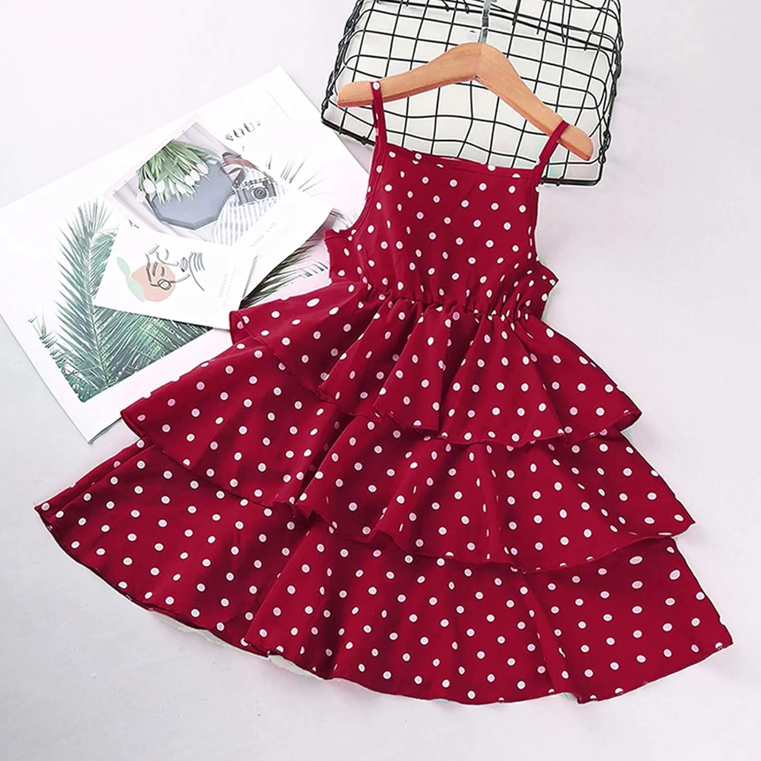 3-9T School Girls Cool Denim Slip Layered Dress Girls' Polka Dot Sling Skirt   Short Sleeve Denim Jacket Set