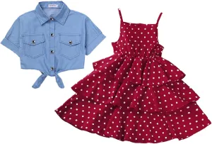 3-9T School Girls Cool Denim Slip Layered Dress Girls' Polka Dot Sling Skirt   Short Sleeve Denim Jacket Set