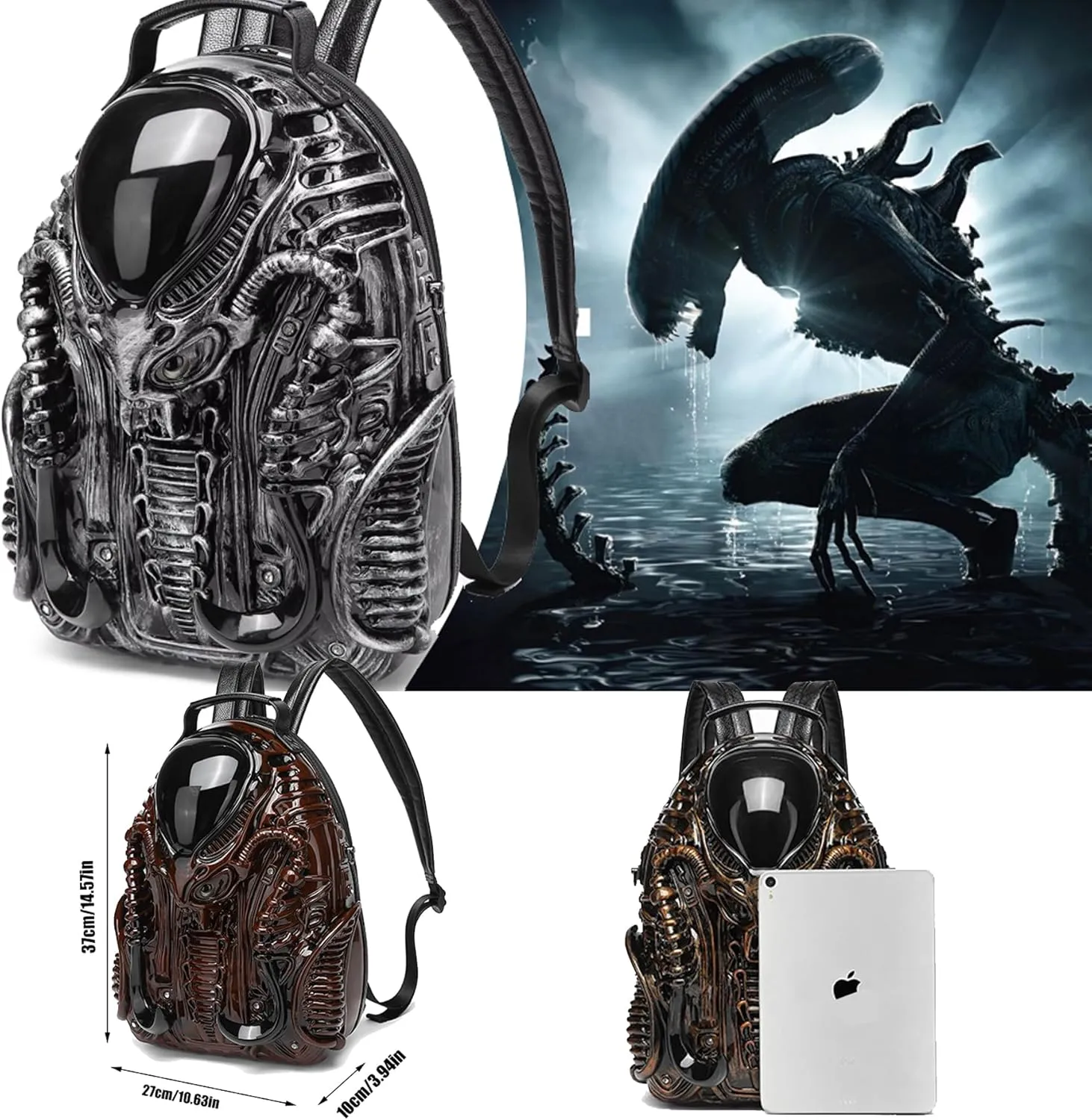 3D Xenomorph Shaped Backpack Steam Punk for Men Women Y2K Personality Travel Handbag PVC Unique Novelty Alien Purse (wine)