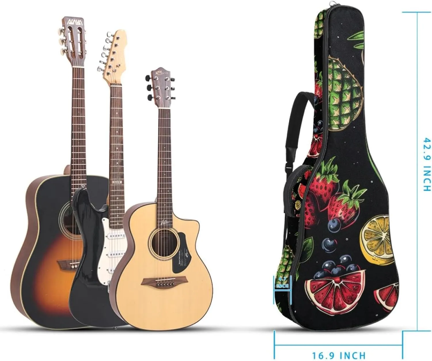 40 41 42 Inch Guitar Gig Bag, 0.4 In Thick Sponge Soft Padded Guitar Case Cover for Acoustic Electric Bass Classical Guitar, Colorful Fruits and Berries