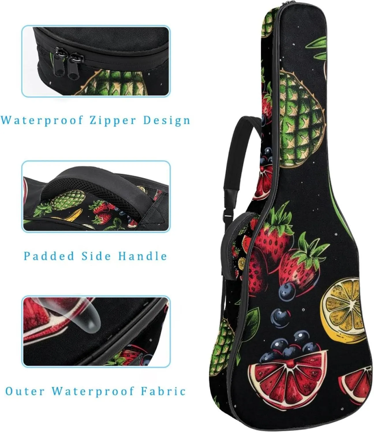 40 41 42 Inch Guitar Gig Bag, 0.4 In Thick Sponge Soft Padded Guitar Case Cover for Acoustic Electric Bass Classical Guitar, Colorful Fruits and Berries