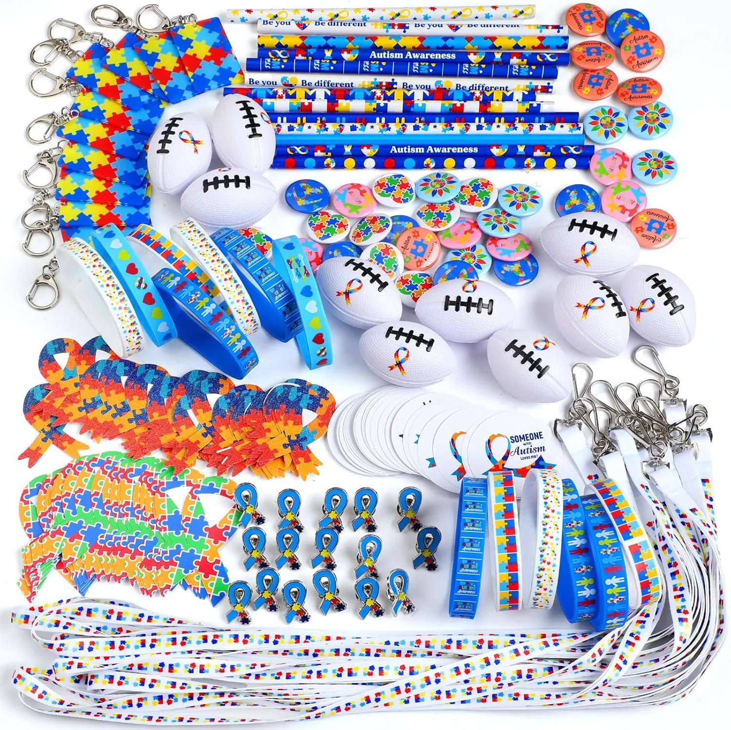 400 Pcs Autism Awareness Assortment Items Set Ribbon Button Pins Stress Football Keychain Sticker Pencils Lanyards Temporary Tattoos Wristband Mental Health Gift for Charity Fundraising Party Supplies