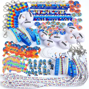 400 Pcs Autism Awareness Assortment Items Set Ribbon Button Pins Stress Football Keychain Sticker Pencils Lanyards Temporary Tattoos Wristband Mental Health Gift for Charity Fundraising Party Supplies