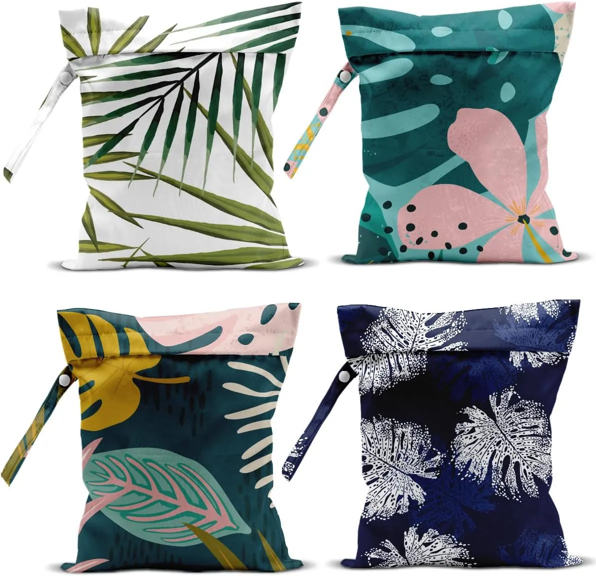 4Pcs Waterproof Wet Bag for Swimsuit, Travel Beach Wet Dry Bag, Hidden Zipper Reusable Palm leaf aloha bags, for Travel Beach Wet Swimsuits Toiletries Diapers Laundry Bag