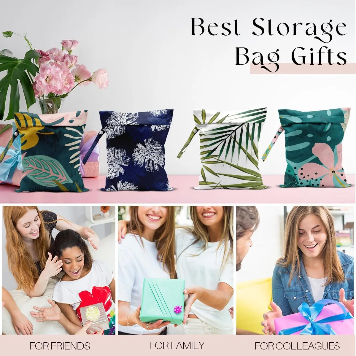 4Pcs Waterproof Wet Bag for Swimsuit, Travel Beach Wet Dry Bag, Hidden Zipper Reusable Palm leaf aloha bags, for Travel Beach Wet Swimsuits Toiletries Diapers Laundry Bag