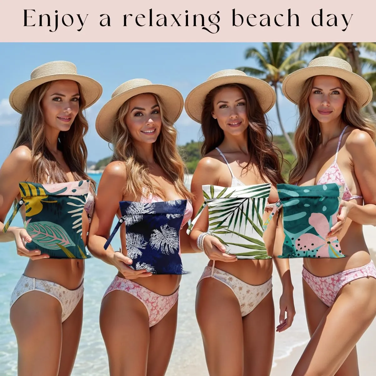 4Pcs Waterproof Wet Bag for Swimsuit, Travel Beach Wet Dry Bag, Hidden Zipper Reusable Palm leaf aloha bags, for Travel Beach Wet Swimsuits Toiletries Diapers Laundry Bag