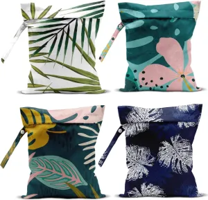 4Pcs Waterproof Wet Bag for Swimsuit, Travel Beach Wet Dry Bag, Hidden Zipper Reusable Palm leaf aloha bags, for Travel Beach Wet Swimsuits Toiletries Diapers Laundry Bag