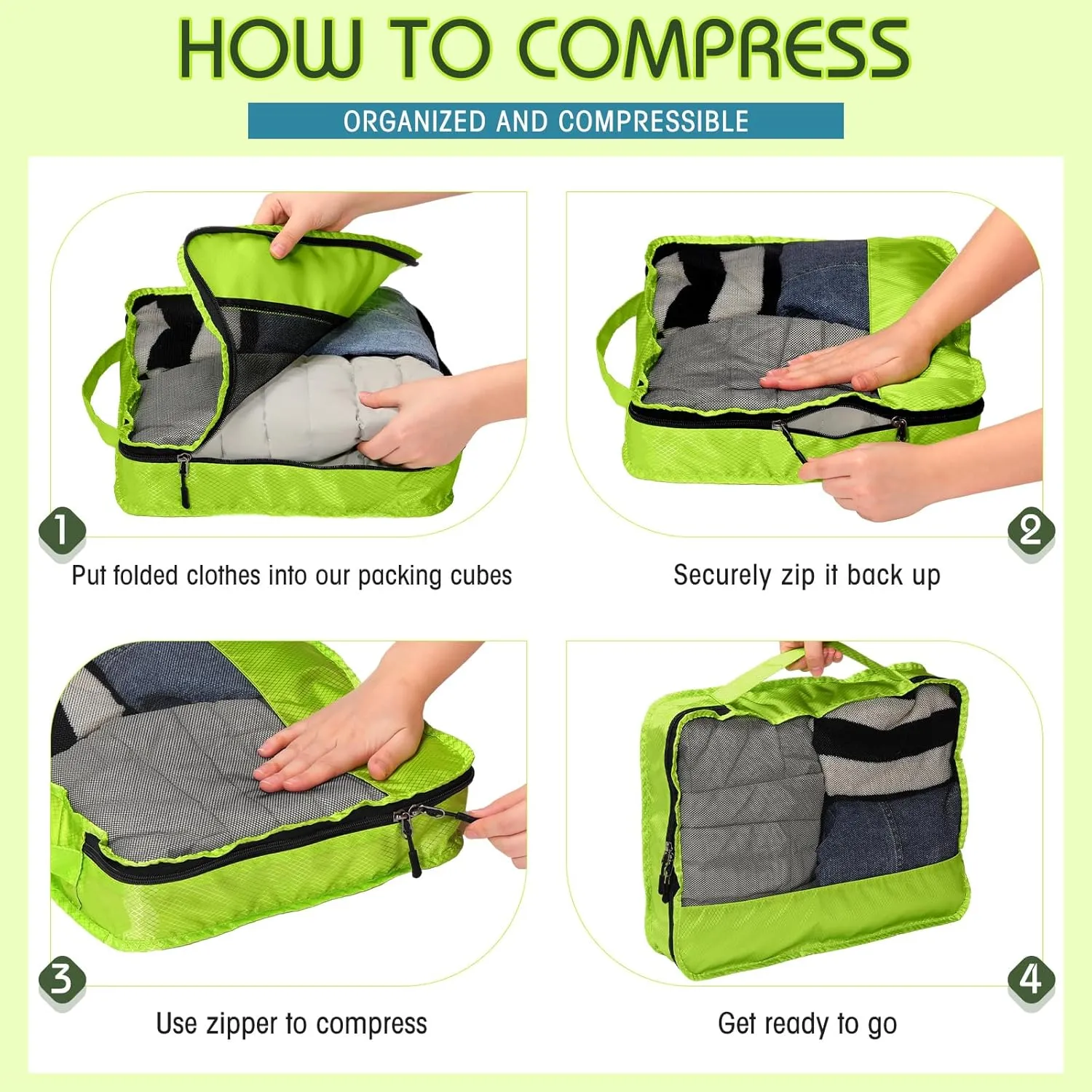 5 Pcs Packing Cubes for Suitcase Large Travel Cubes Carry on Luggage Organizer Bags for Clothes Accessories(M,Green)
