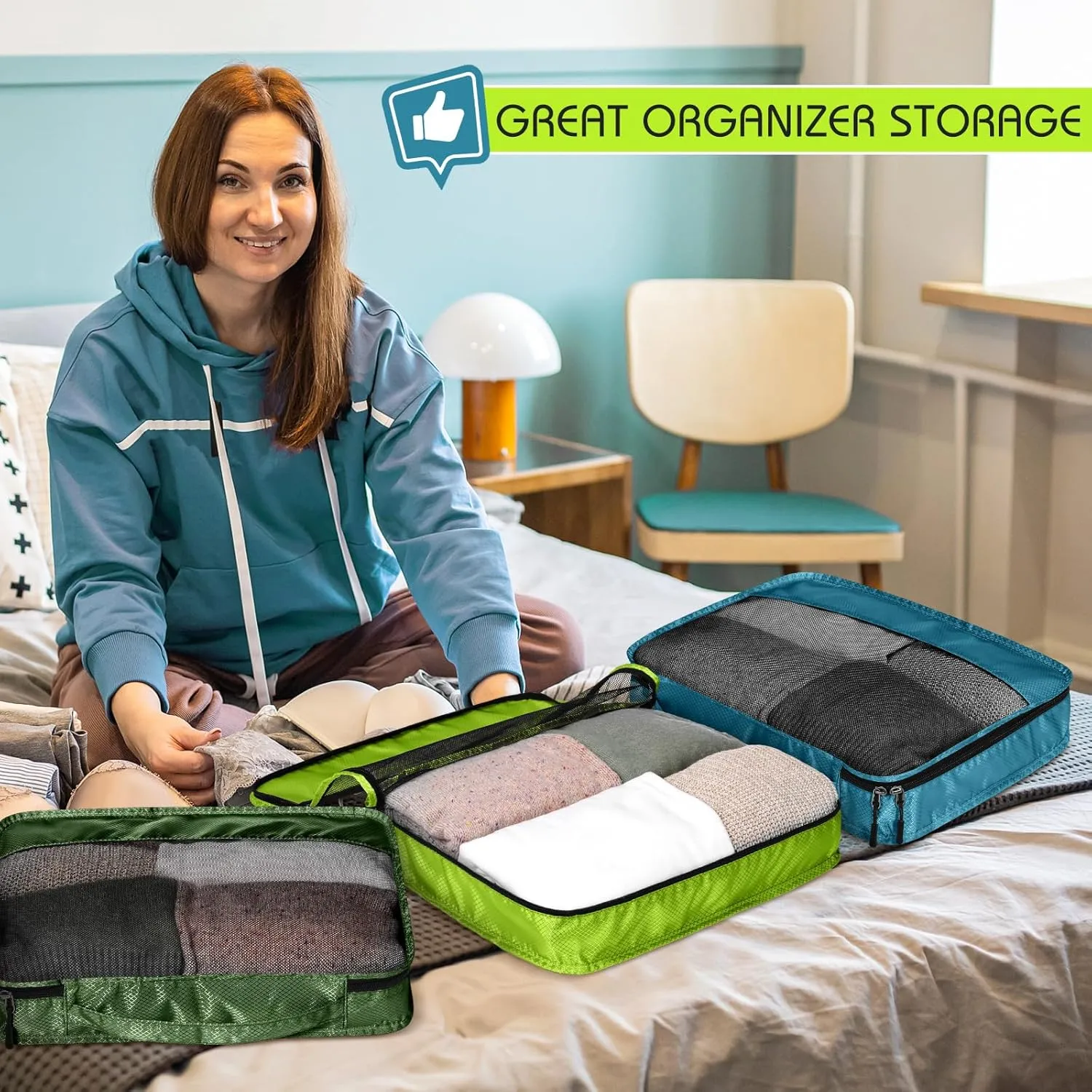 5 Pcs Packing Cubes for Suitcase Large Travel Cubes Carry on Luggage Organizer Bags for Clothes Accessories(M,Green)