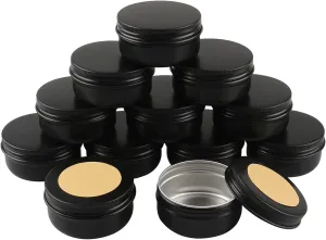 50 Pcs 50ml 50g Empty Round Black Aluminum Tin Jars with Screw Lids Cosmetics Lip Balm Containers Pots for DIY Candle Salve Powder Crafts Storage Cans 3x Alu Spoon, 50x Ø 4cm Labels