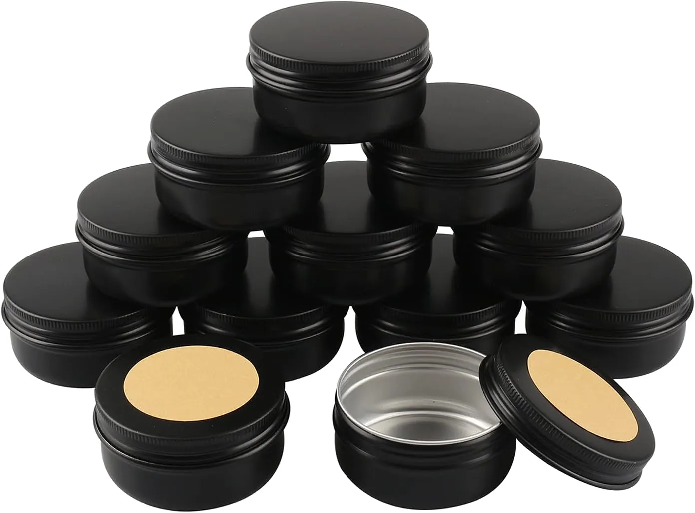 50 Pcs 50ml 50g Empty Round Black Aluminum Tin Jars with Screw Lids Cosmetics Lip Balm Containers Pots for DIY Candle Salve Powder Crafts Storage Cans 3x Alu Spoon, 50x Ø 4cm Labels