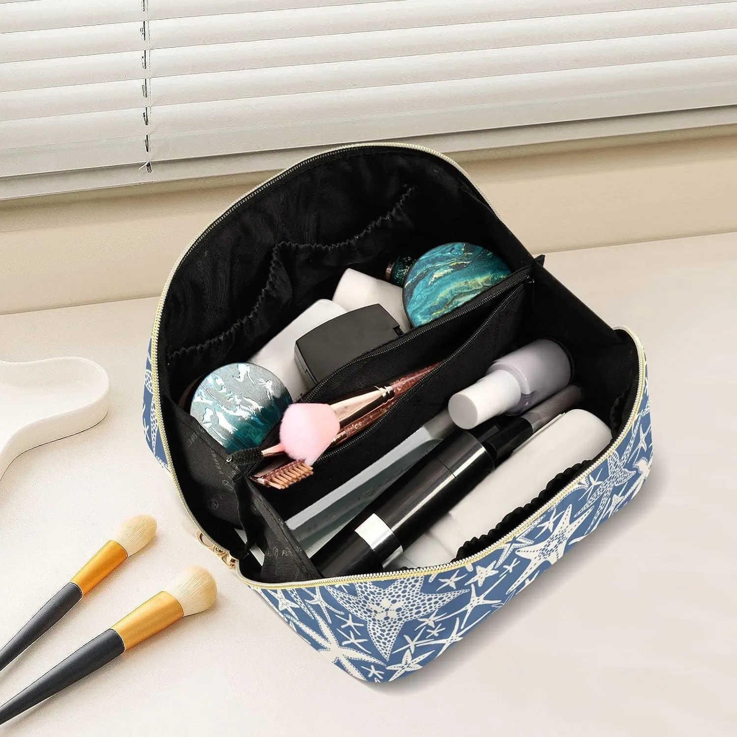 Abstract Sea Stars Large Capacity Cosmetic Bag Travel Makeup Bags with Large Opening and Handle Twill Cosmetic Organizer for Women