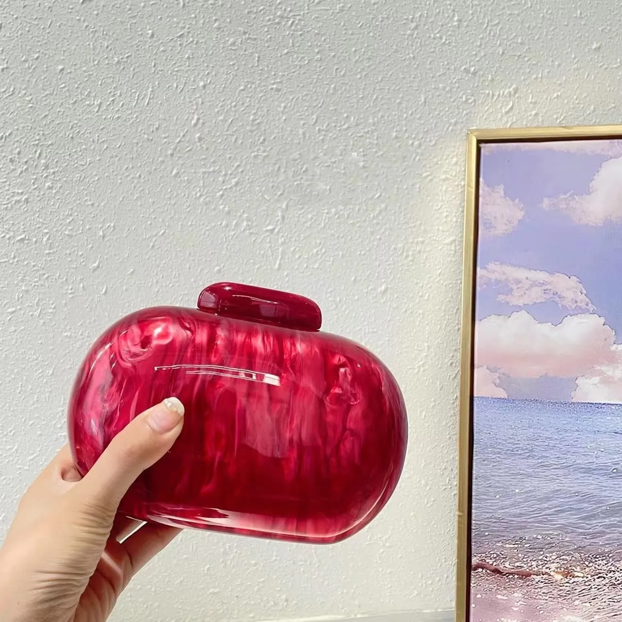 Acrylic Evening Clutch Bag for Women Shell Shape Shoulder Crossbody Bag Glitter Marble Purse Handbag