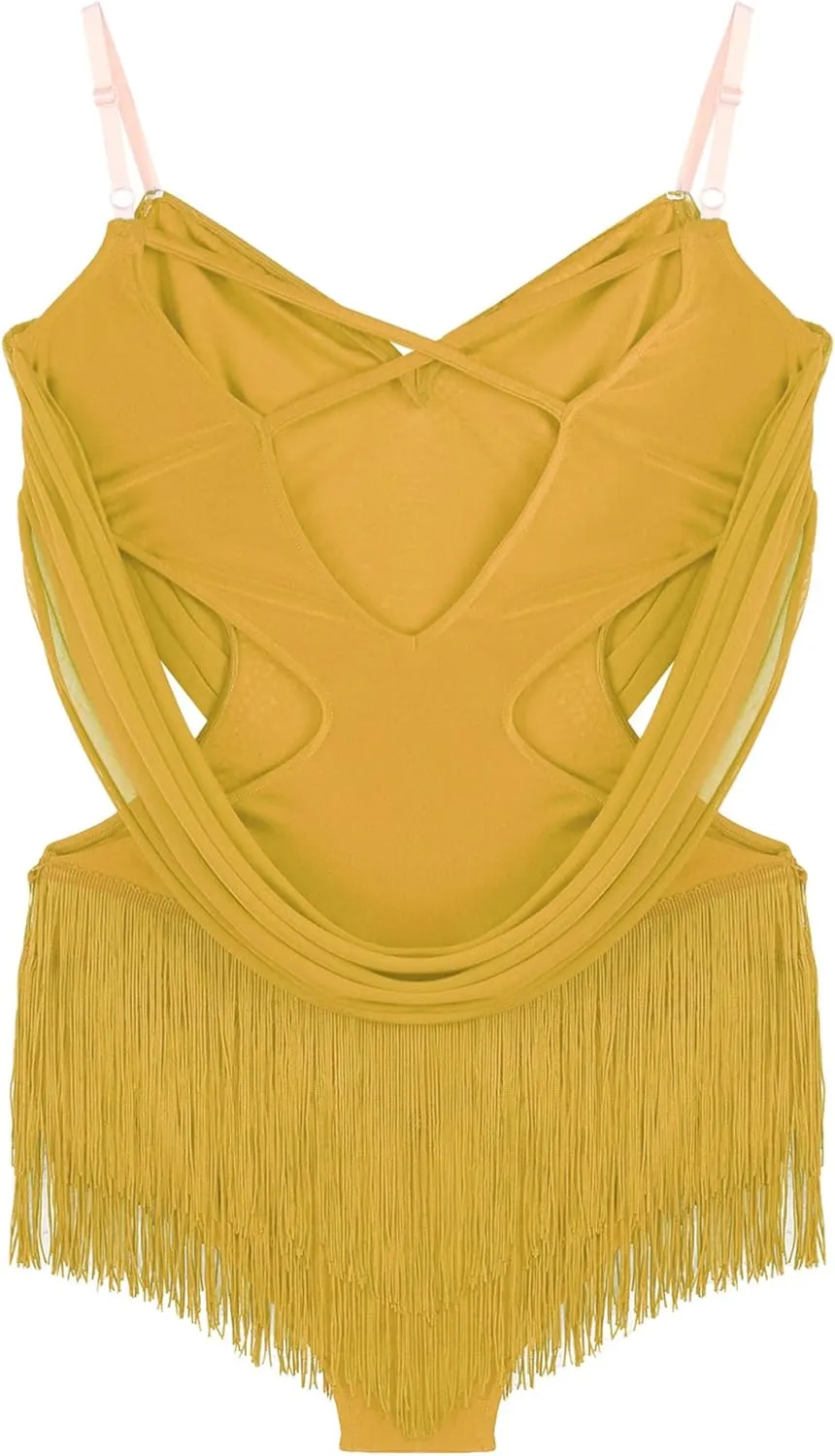 ACSUSS Women's Rhinestone Latin Dance Leotard Dress Tassel Bodysuit Samba Salsa Cha-Cha Rumba Performance