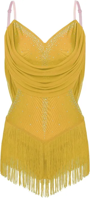 ACSUSS Women's Rhinestone Latin Dance Leotard Dress Tassel Bodysuit Samba Salsa Cha-Cha Rumba Performance