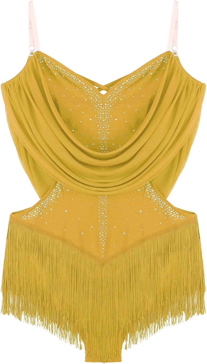 ACSUSS Women's Rhinestone Latin Dance Leotard Dress Tassel Bodysuit Samba Salsa Cha-Cha Rumba Performance