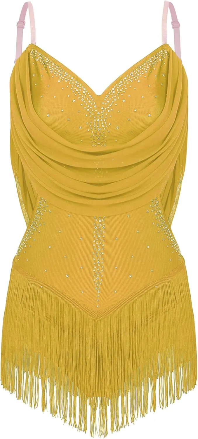 ACSUSS Women's Rhinestone Latin Dance Leotard Dress Tassel Bodysuit Samba Salsa Cha-Cha Rumba Performance