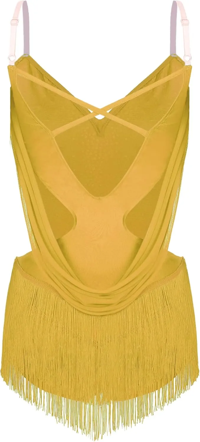ACSUSS Women's Rhinestone Latin Dance Leotard Dress Tassel Bodysuit Samba Salsa Cha-Cha Rumba Performance