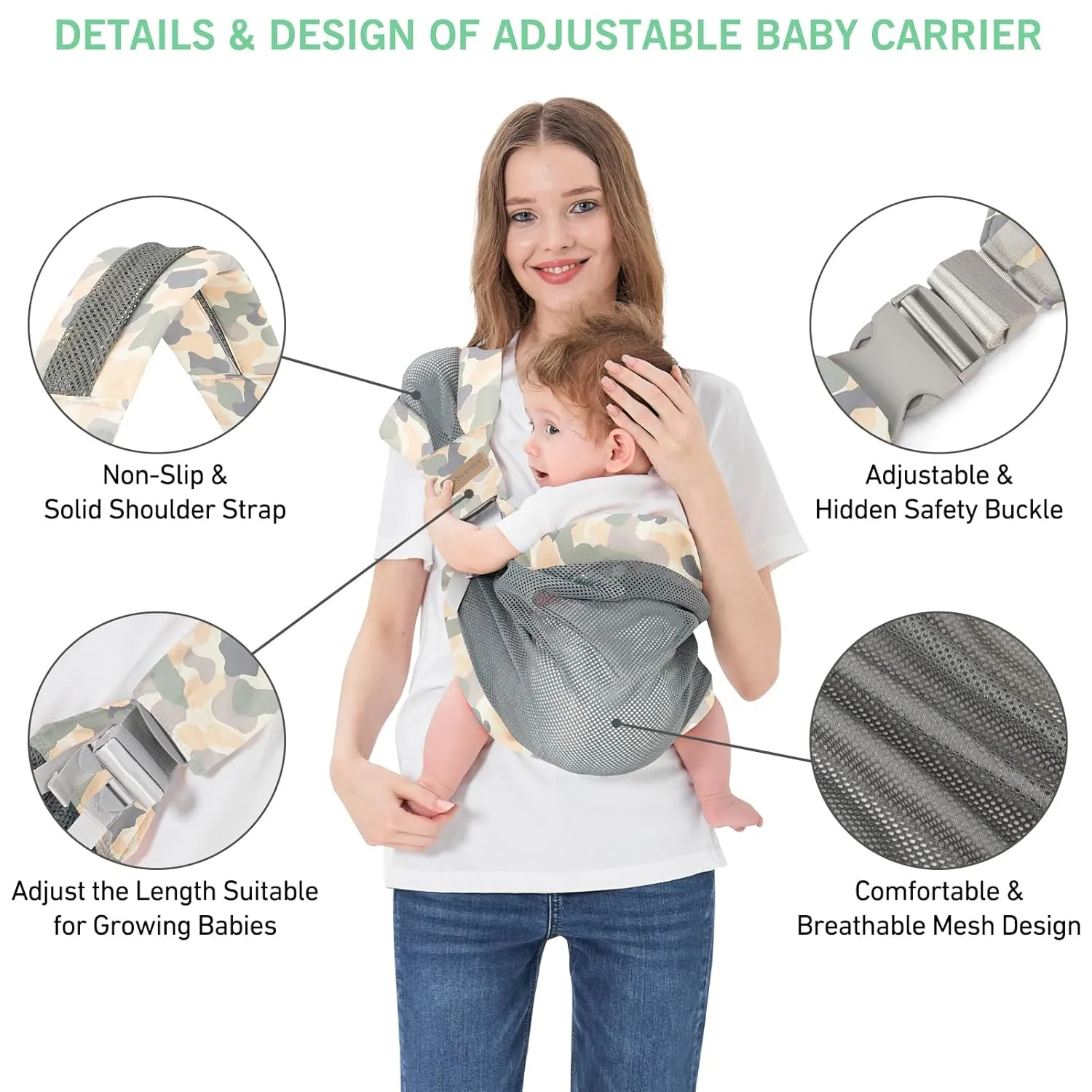 Adjustable One Shoulder Baby Carrier for Infant, Lightweight Breathable Mesh Baby Hip Carrier Portable Baby Carrier Sling for Newborn to Toddler Girl and Boy 6-40 lbs (Green)