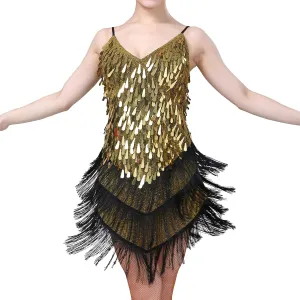 AFAVOM Women's Sequins Tassel Latin Dance Dress 1920s Fringe Flapper Party Dress Salsa Ballroom Tango Dance Costume Dancewear