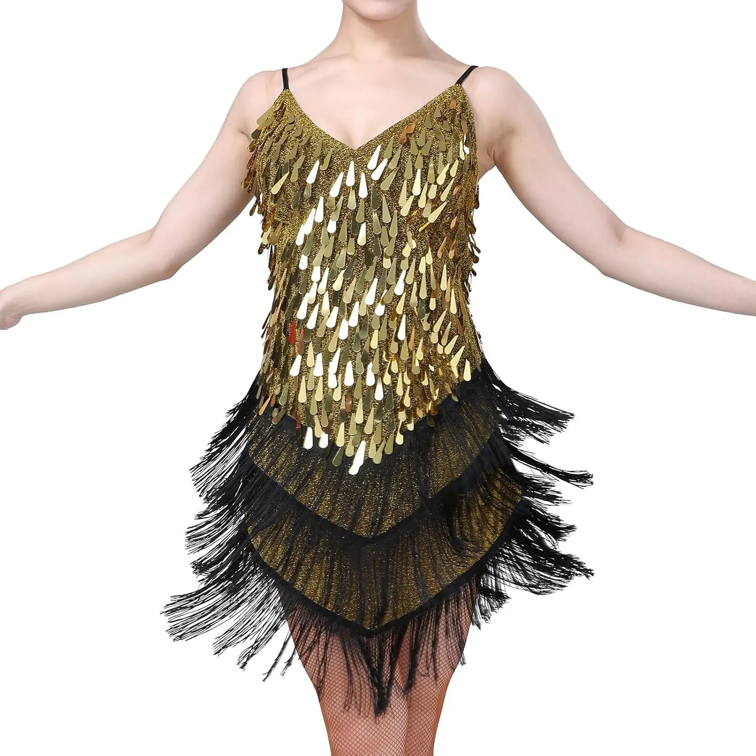 AFAVOM Women's Sequins Tassel Latin Dance Dress 1920s Fringe Flapper Party Dress Salsa Ballroom Tango Dance Costume Dancewear