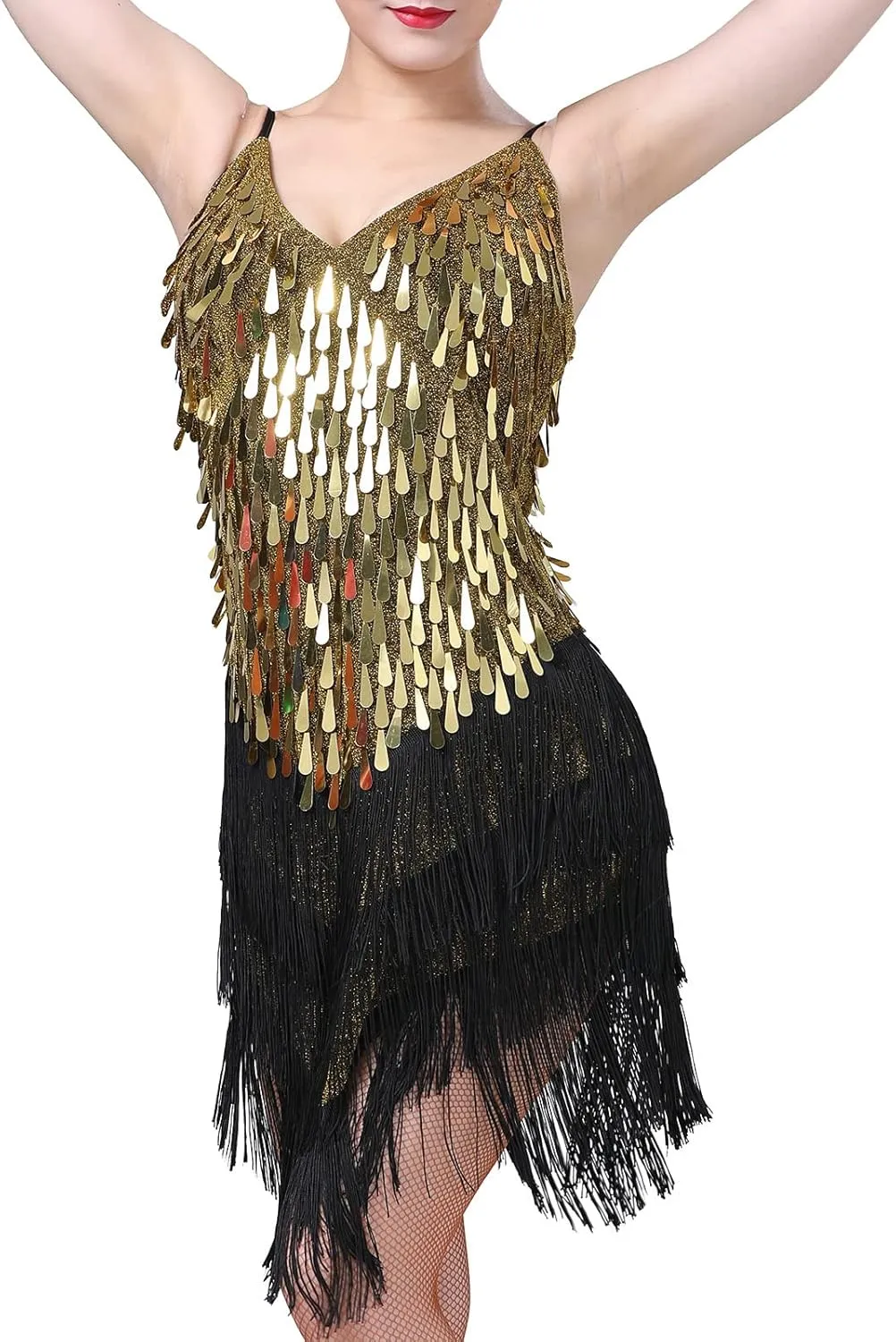 AFAVOM Women's Sequins Tassel Latin Dance Dress 1920s Fringe Flapper Party Dress Salsa Ballroom Tango Dance Costume Dancewear