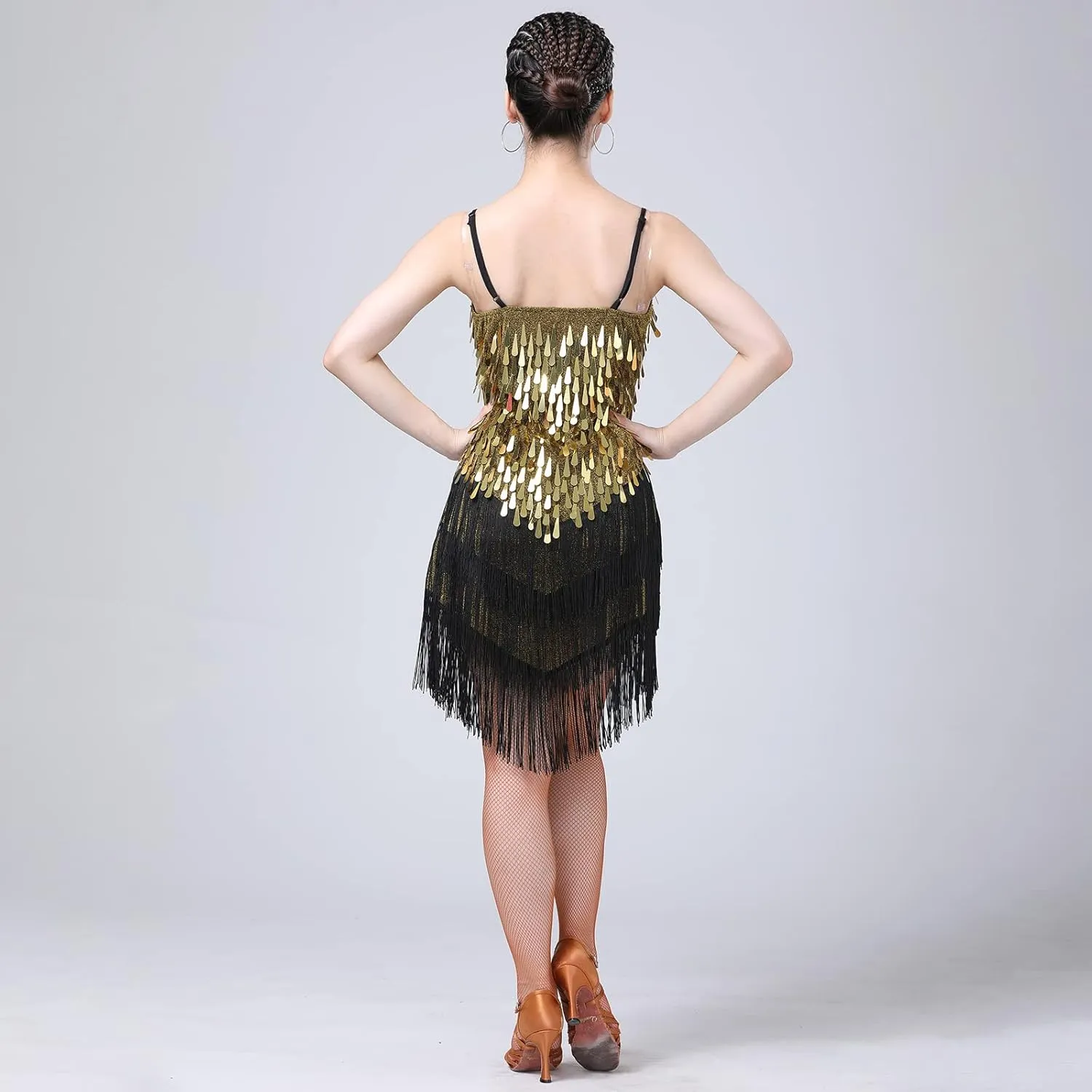 AFAVOM Women's Sequins Tassel Latin Dance Dress 1920s Fringe Flapper Party Dress Salsa Ballroom Tango Dance Costume Dancewear