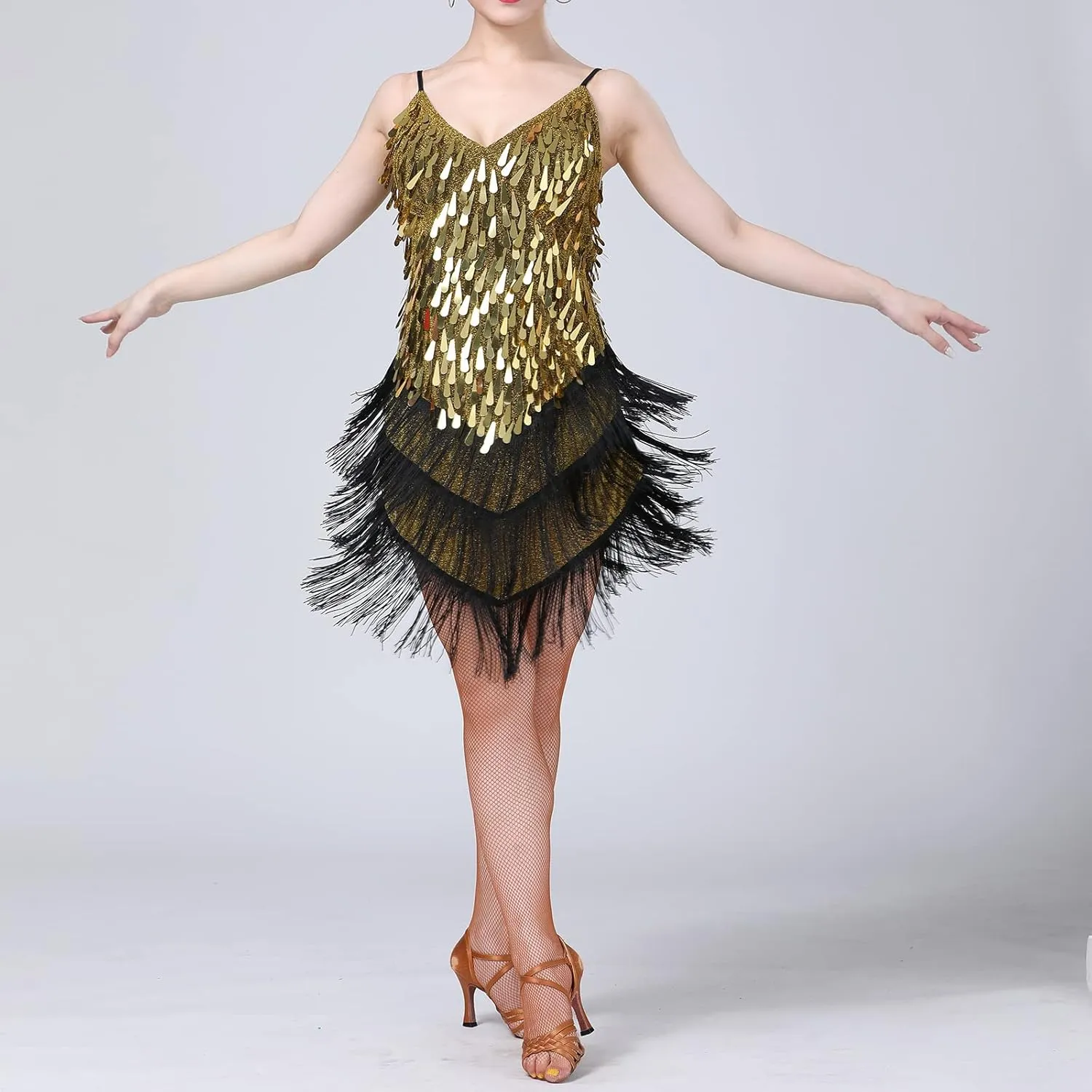 AFAVOM Women's Sequins Tassel Latin Dance Dress 1920s Fringe Flapper Party Dress Salsa Ballroom Tango Dance Costume Dancewear