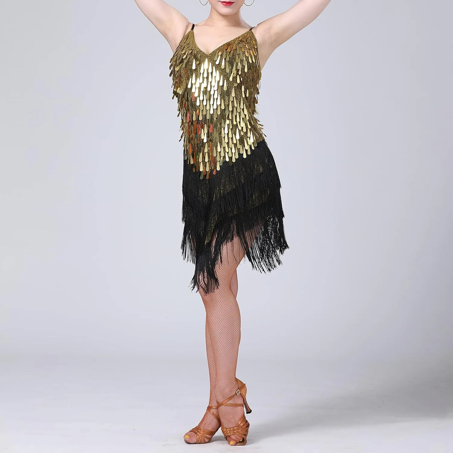 AFAVOM Women's Sequins Tassel Latin Dance Dress 1920s Fringe Flapper Party Dress Salsa Ballroom Tango Dance Costume Dancewear