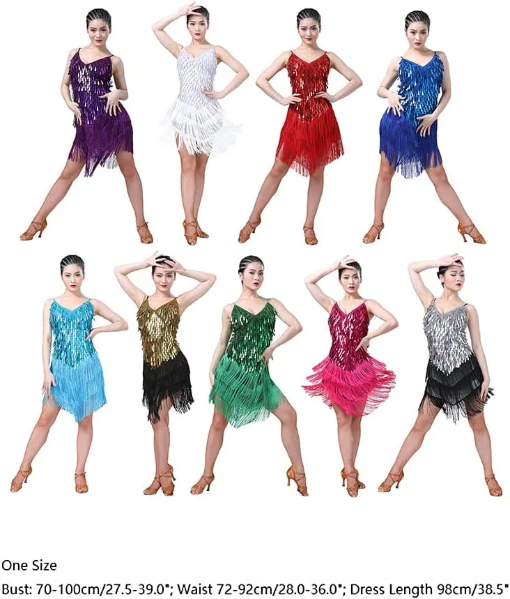 AFAVOM Women's Sequins Tassel Latin Dance Dress 1920s Fringe Flapper Party Dress Salsa Ballroom Tango Dance Costume Dancewear