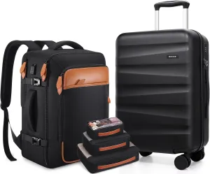 Airline-Approved Carry On Luggage Set – 22x14x9 Hardshell Suitcase Set with Spinner Wheels, Travel Backpack & USB Port for Business Trips, Family Travel, or Women’s Outfits​ (Black)