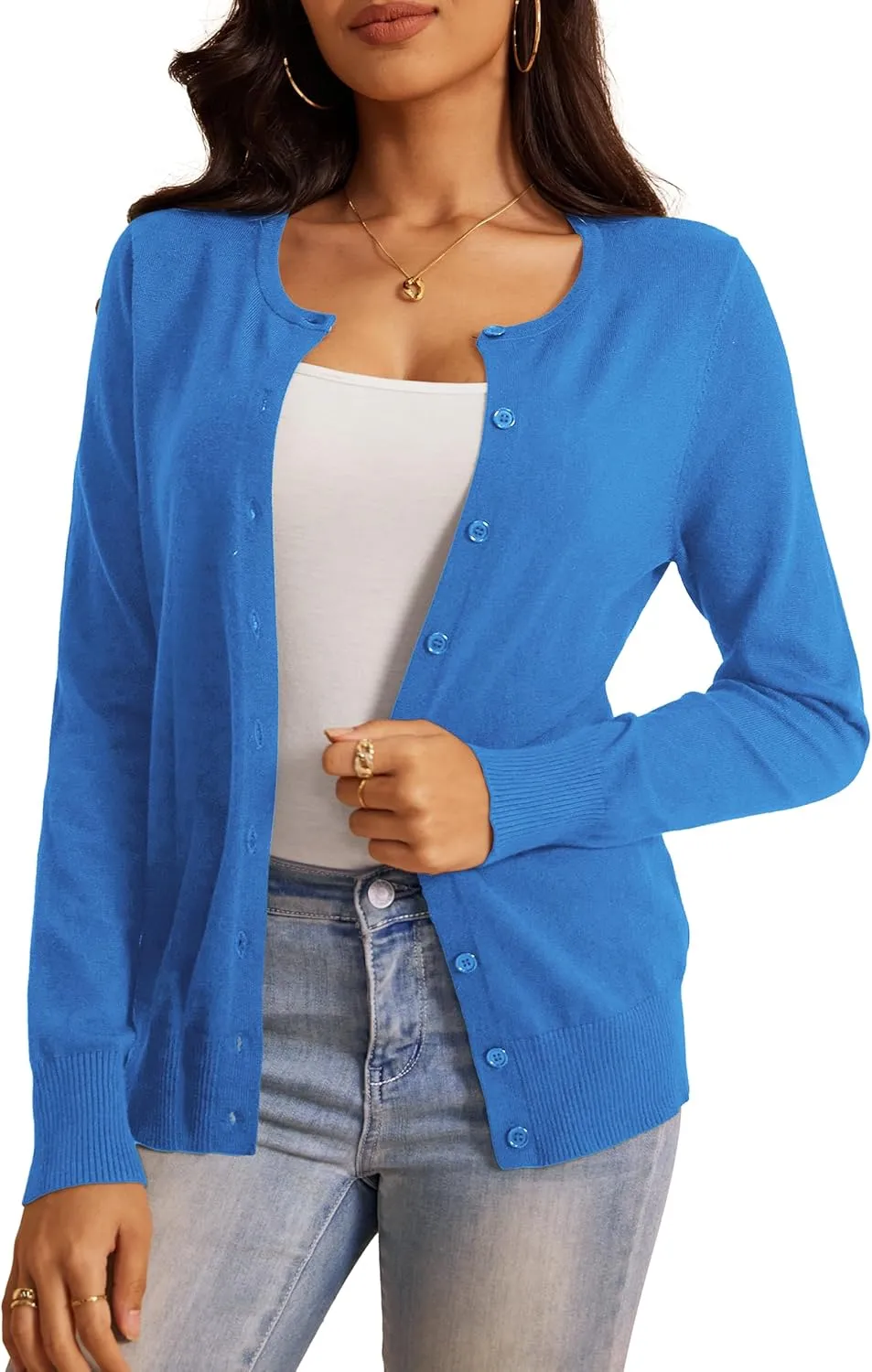 a.Jesdani Women's Button Down Crew Neck Long Sleeve Soft Knit Cardigan Sweaters