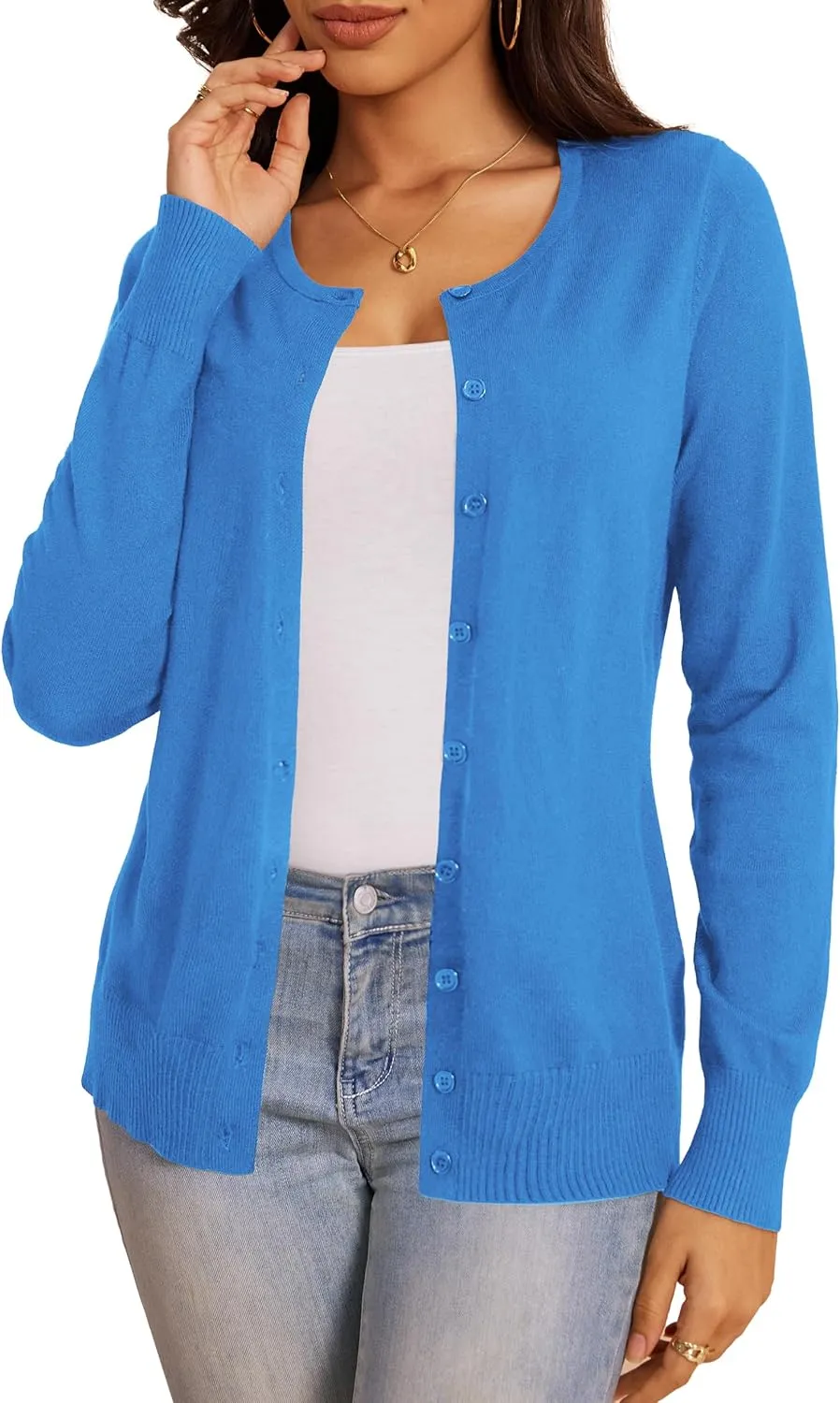 a.Jesdani Women's Button Down Crew Neck Long Sleeve Soft Knit Cardigan Sweaters