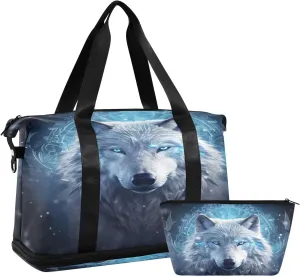 ALAZA Grey Wolf Travel Duffel Bag for Women Men Sports Gym Bag with Shoe Compartment Tote Weekender Overnight Bag with Wet Pocket for Travel, Gym,Yoga,Swimming