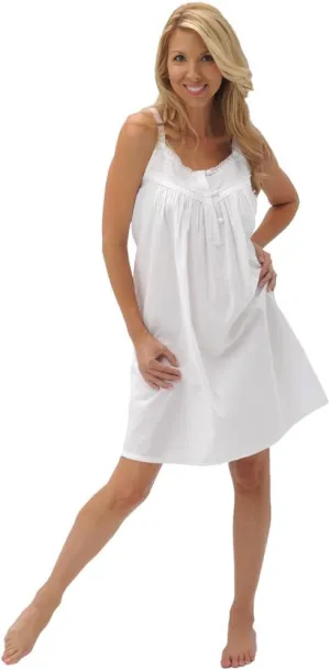 Alexander Del Rossa White Cotton Nightgowns for Women Soft Cotton, Sleeveless Button Up Short Vintage Victorian